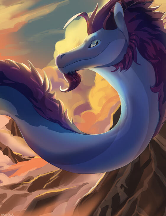 painting of a wingless dragon with sunset behind