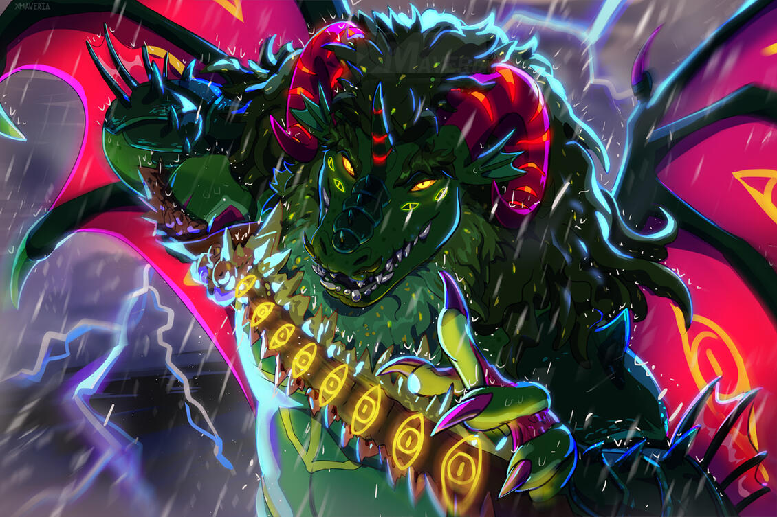 A fierce loking monstrous crocodile faced green character holding a sword with eye marking in a raging storm with lightining in
