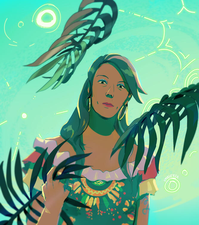 A tan woman looking down at the viewer with palm tree leaves surrounding her and a tropical like colors A tan woman looking down at the viewer with palm tree leaves surrounding her and a tropical like colors