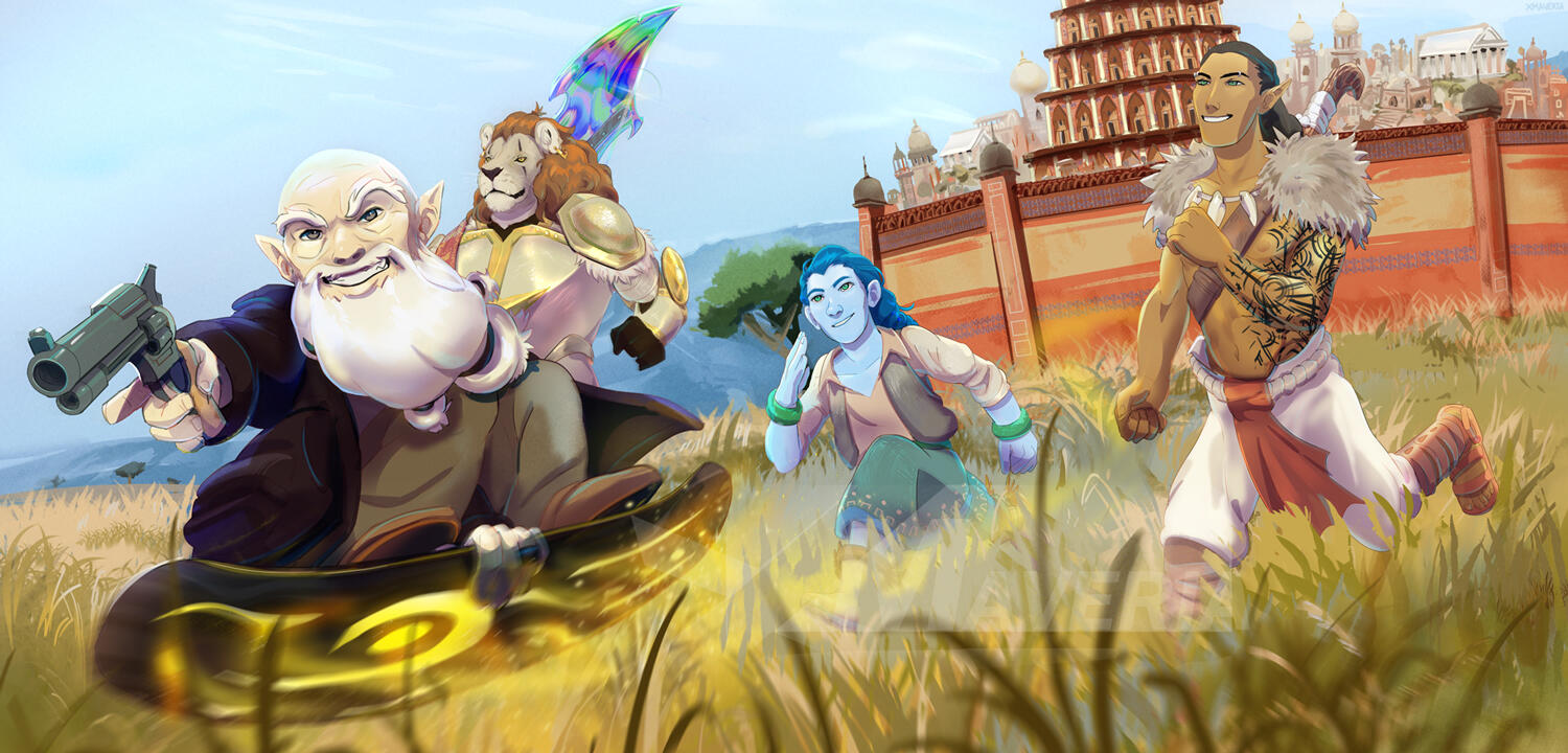 a fantasy group races running across a field of grass with a giant tall tower behind them