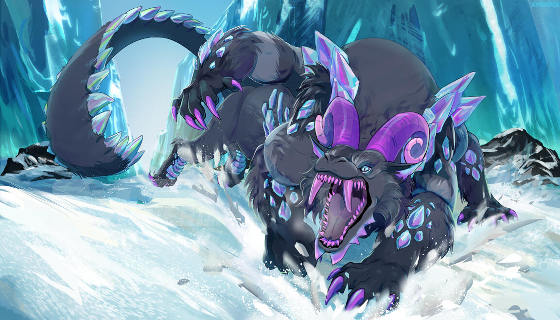 A big six limbed dark furred creature with giant purple claws and fangs dashing through a snowy landscape with ice walls