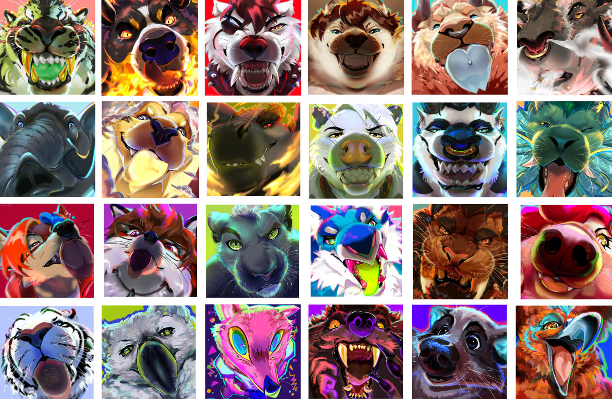 An art compilation of the artists rendition of various fursona icons of different species smiling and licking the camera